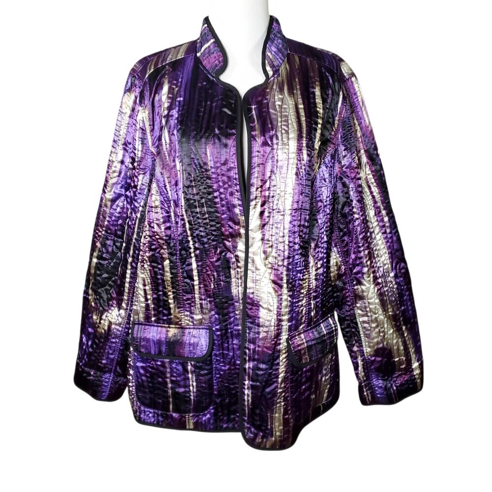 Chico's Sz 3 Quilted Kimono Jacket Purple Black Abstract Print Chico's XL 16